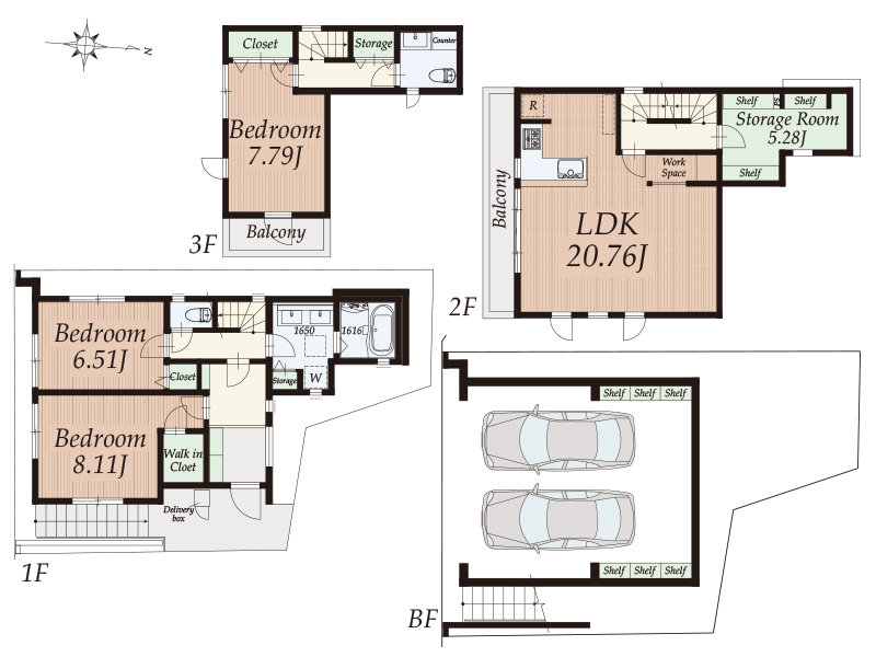 【参考プラン】 3LDK+ストレージルーム+カースペース2台 建物面積:159.3m2