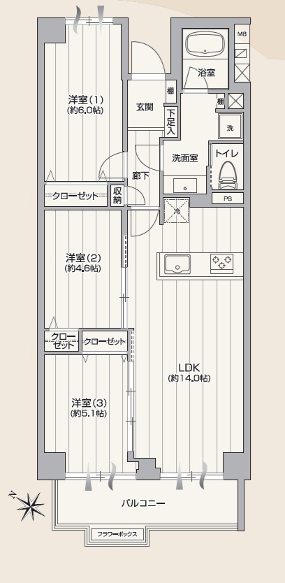 3LDK、専有面積63.94m2、バルコニー面積6.91m2 【間取り図】