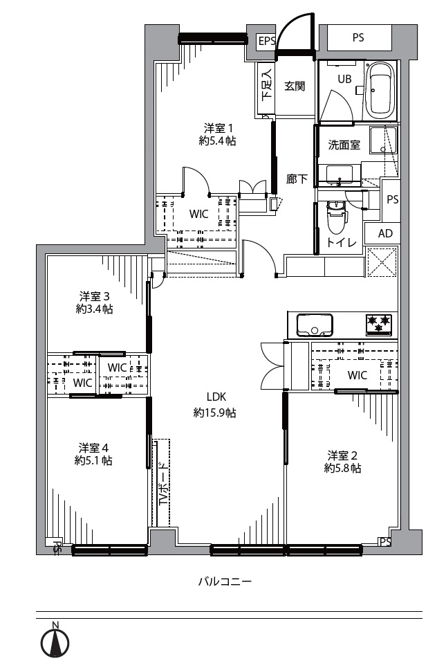 4LDK、専有面積84.42㎡、バルコニー面積11.76㎡ 【間取り図】