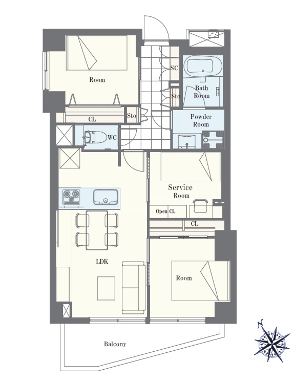 2LDK+S(納戸)、専有面積60.89m2、バルコニー面積6.85m2 【間取り図】