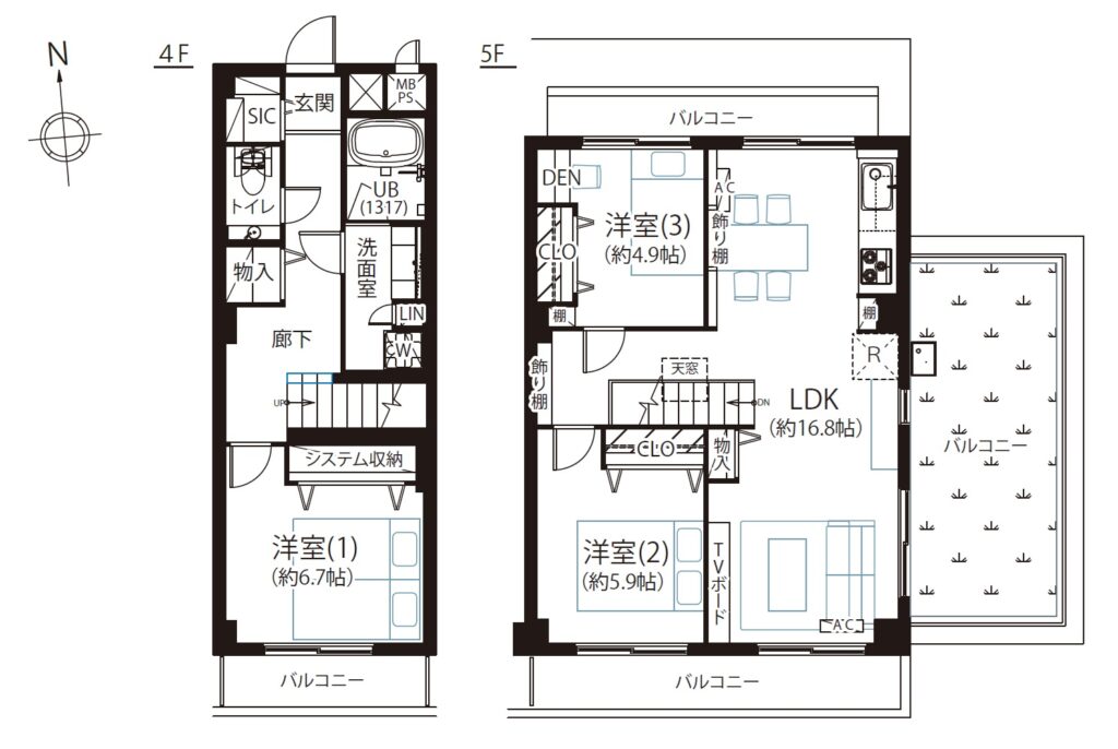 3LDK、専有面積87.8m2、バルコニー面積34.74m2 【間取り図】