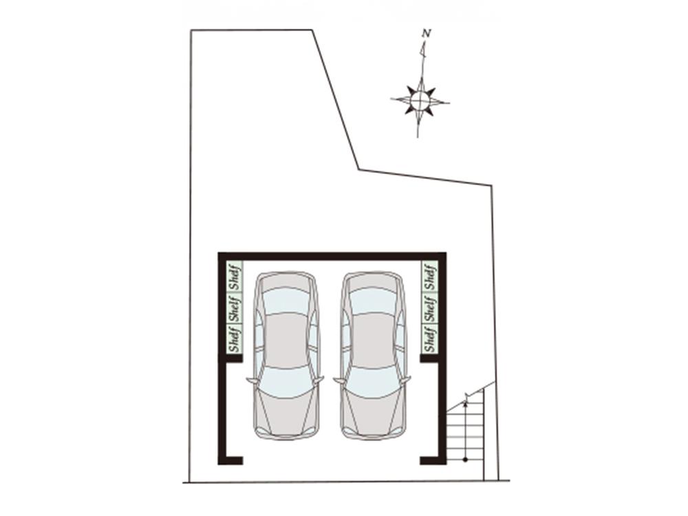 【参考プラン】1階 車庫スペース 車庫スペースの右の階段から宅地を上がると、お家の建築スペースになります。